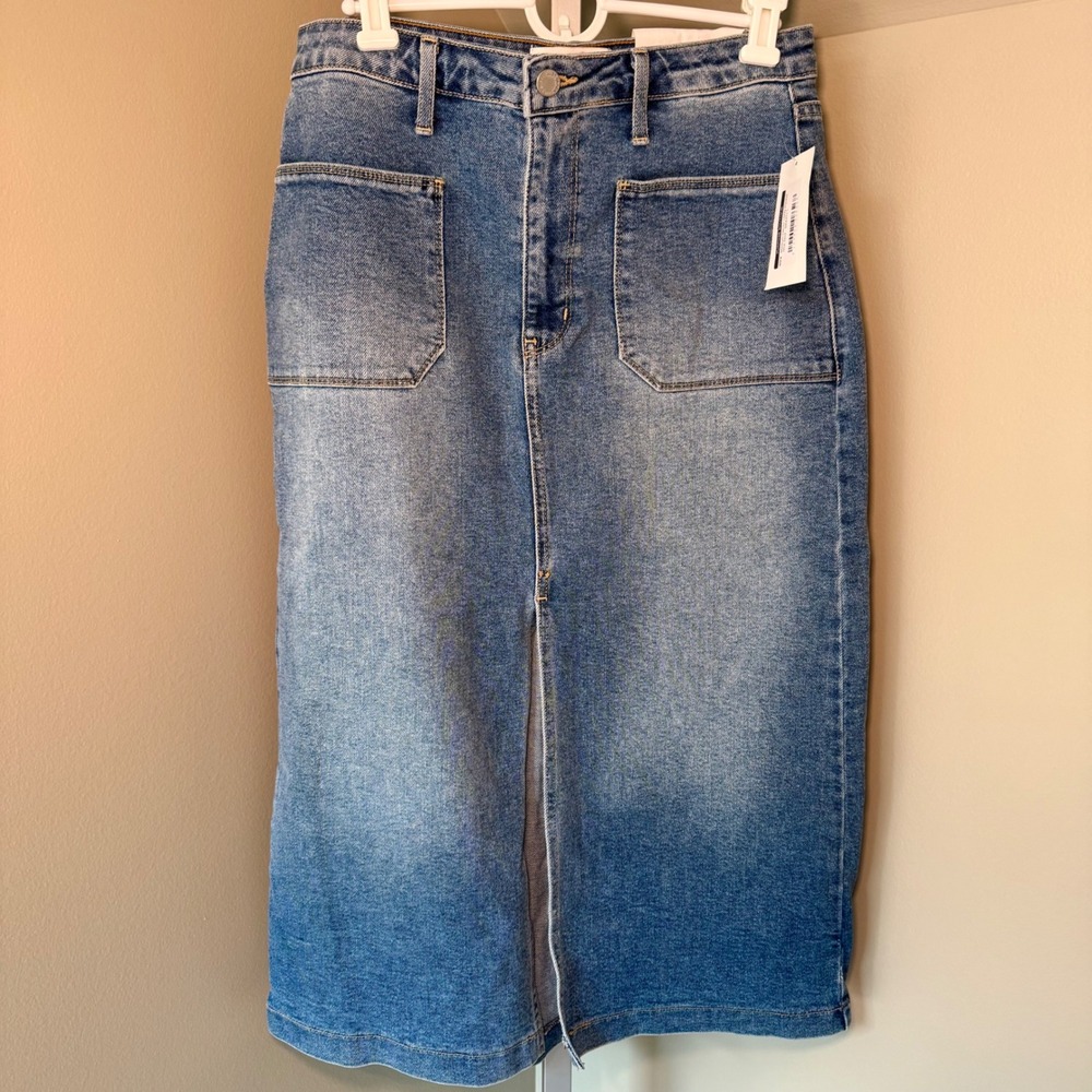 Just Black Denim Womens Utility Pocket Midi Skirt Medium Wash Blue Large NEW